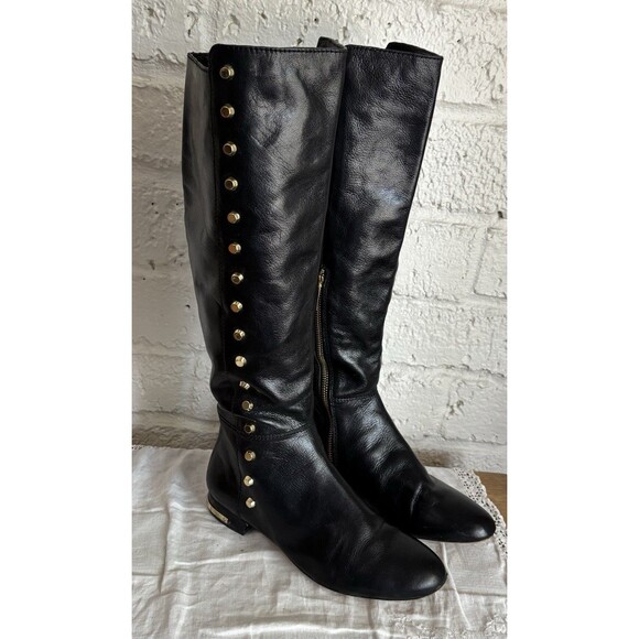Michael Kors Ailee Black Gold Stud Leather Tall Knee High Flat Boots 6 M - Picture 1 of 12